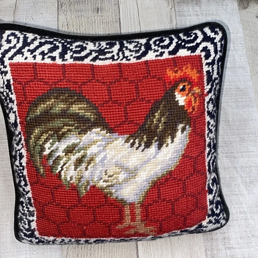Rooster chicken embroidered needlepoint small pillow - Picture 4 of 4